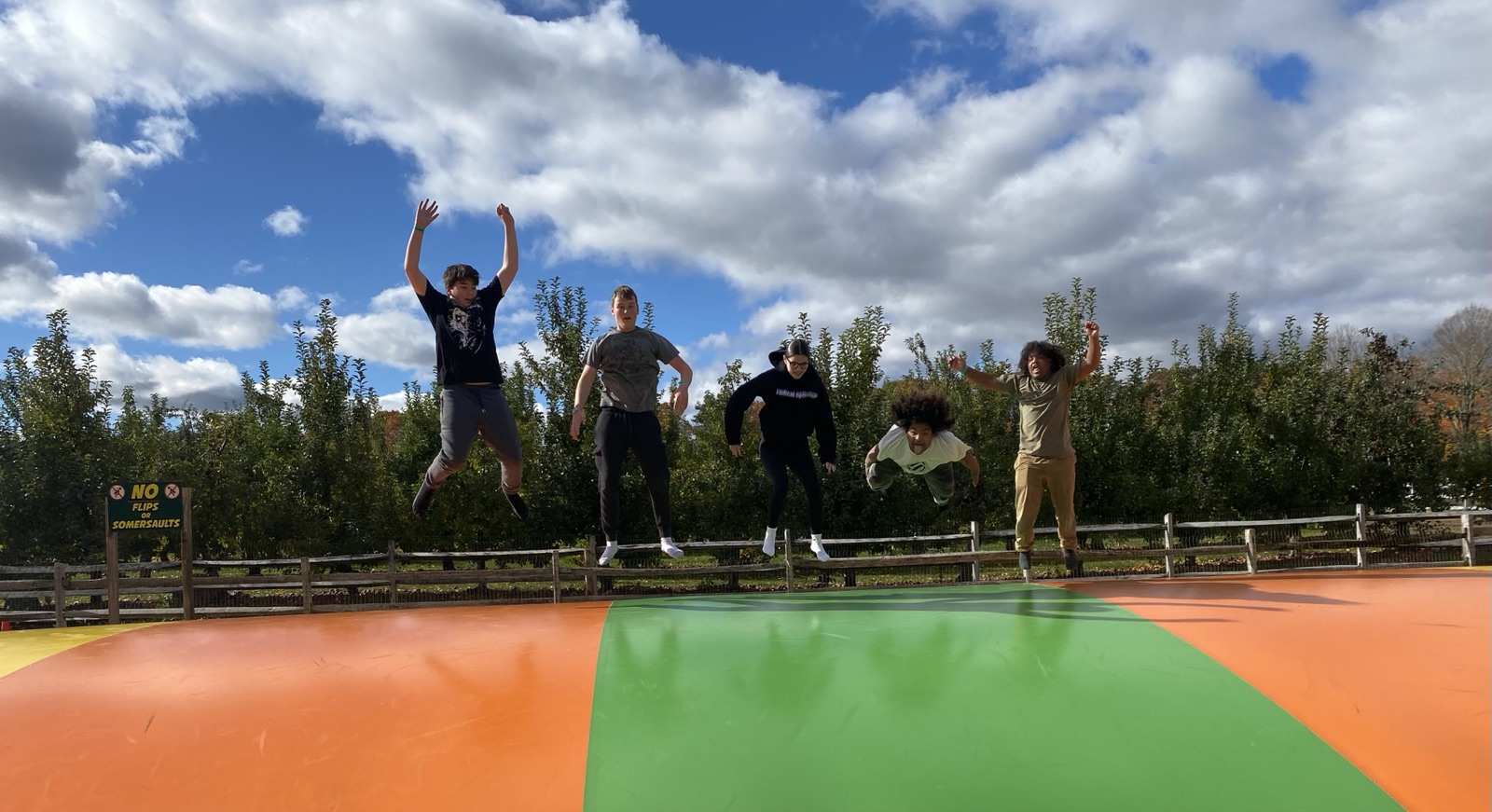 Five Pathfinder students joyfully leaping on a jump pillow during an orchard field trip